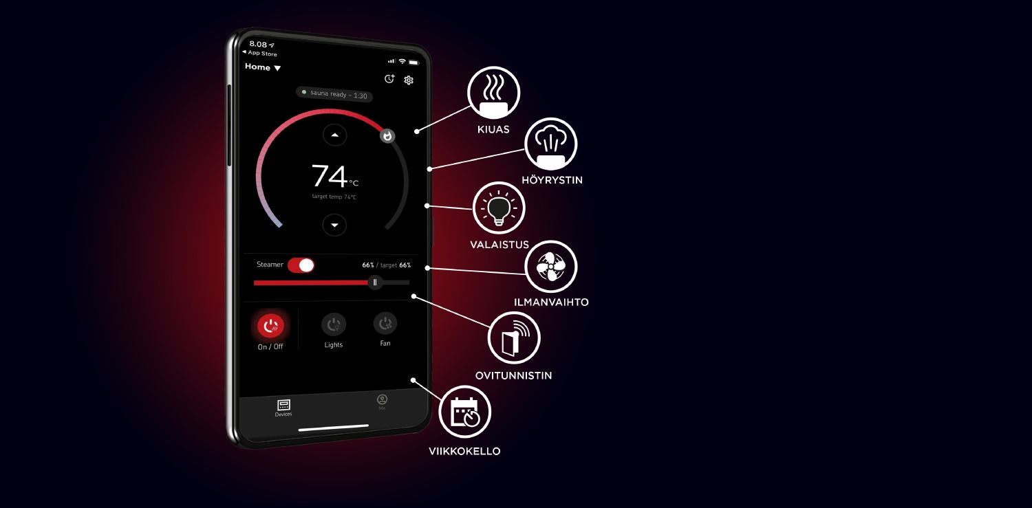 Harvia sauna heater remote control with various control icons on a dark background.