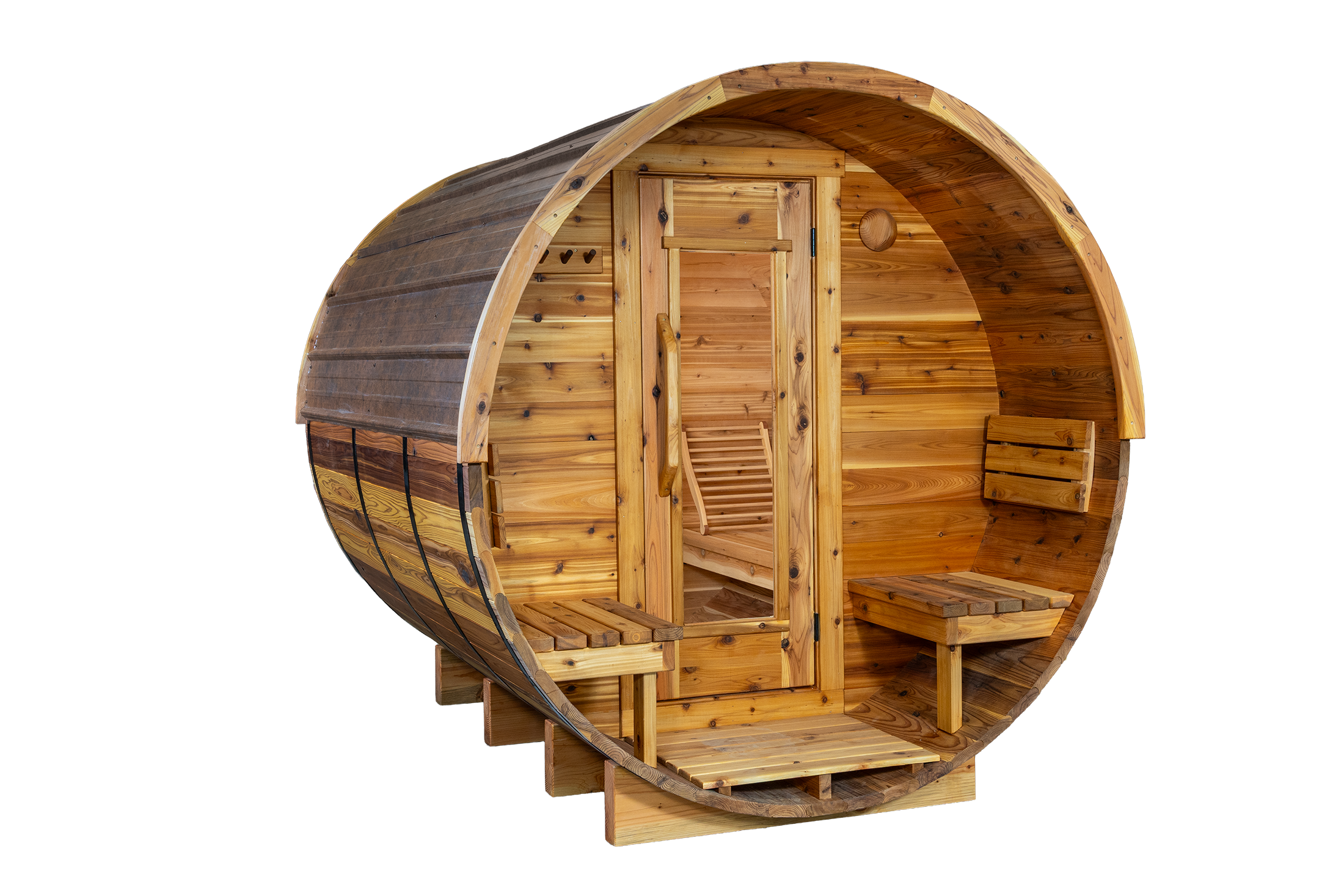 Wooden barrel-shaped sauna with benches on front porch