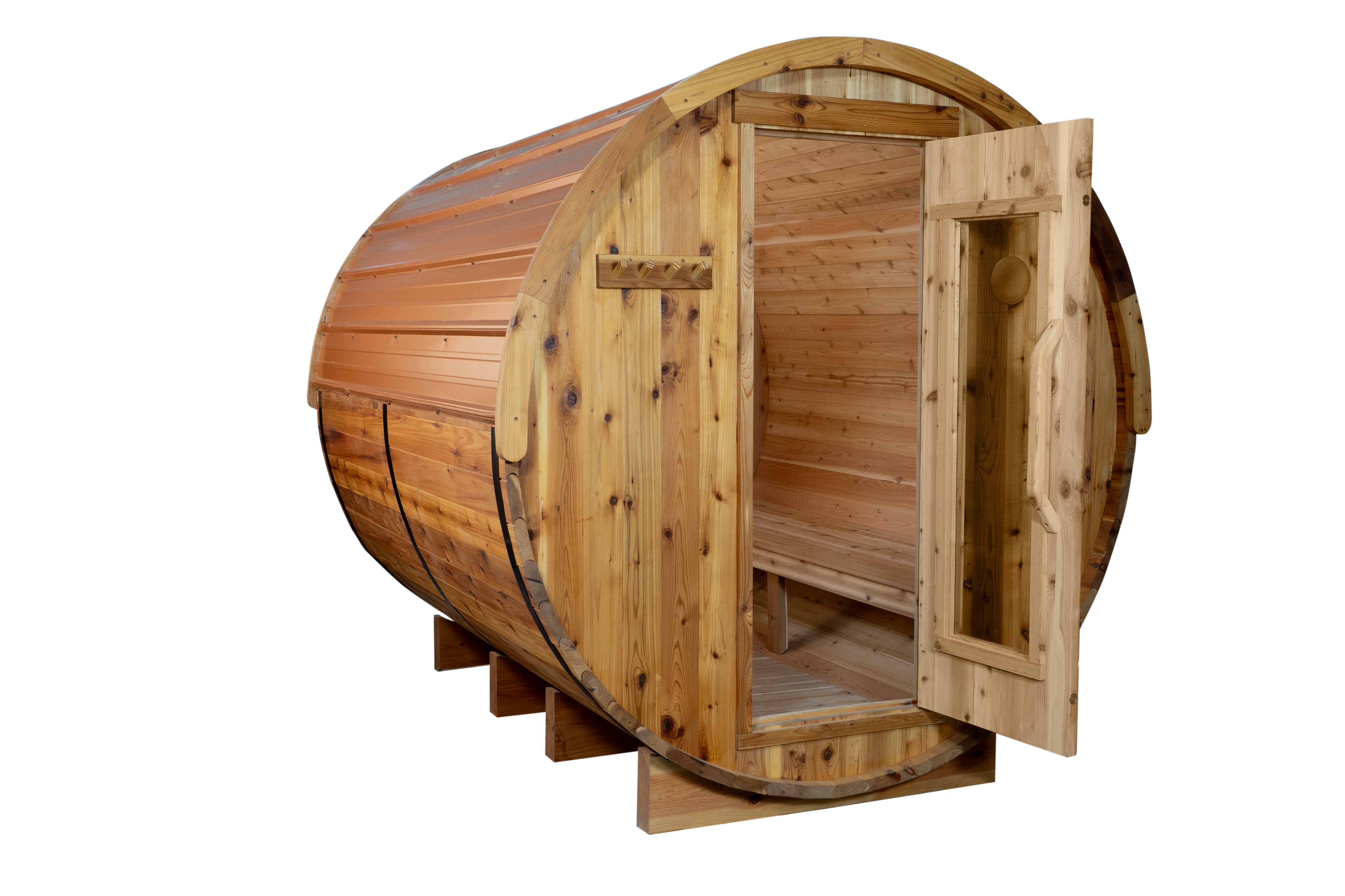 Wooden barrel sauna with open door