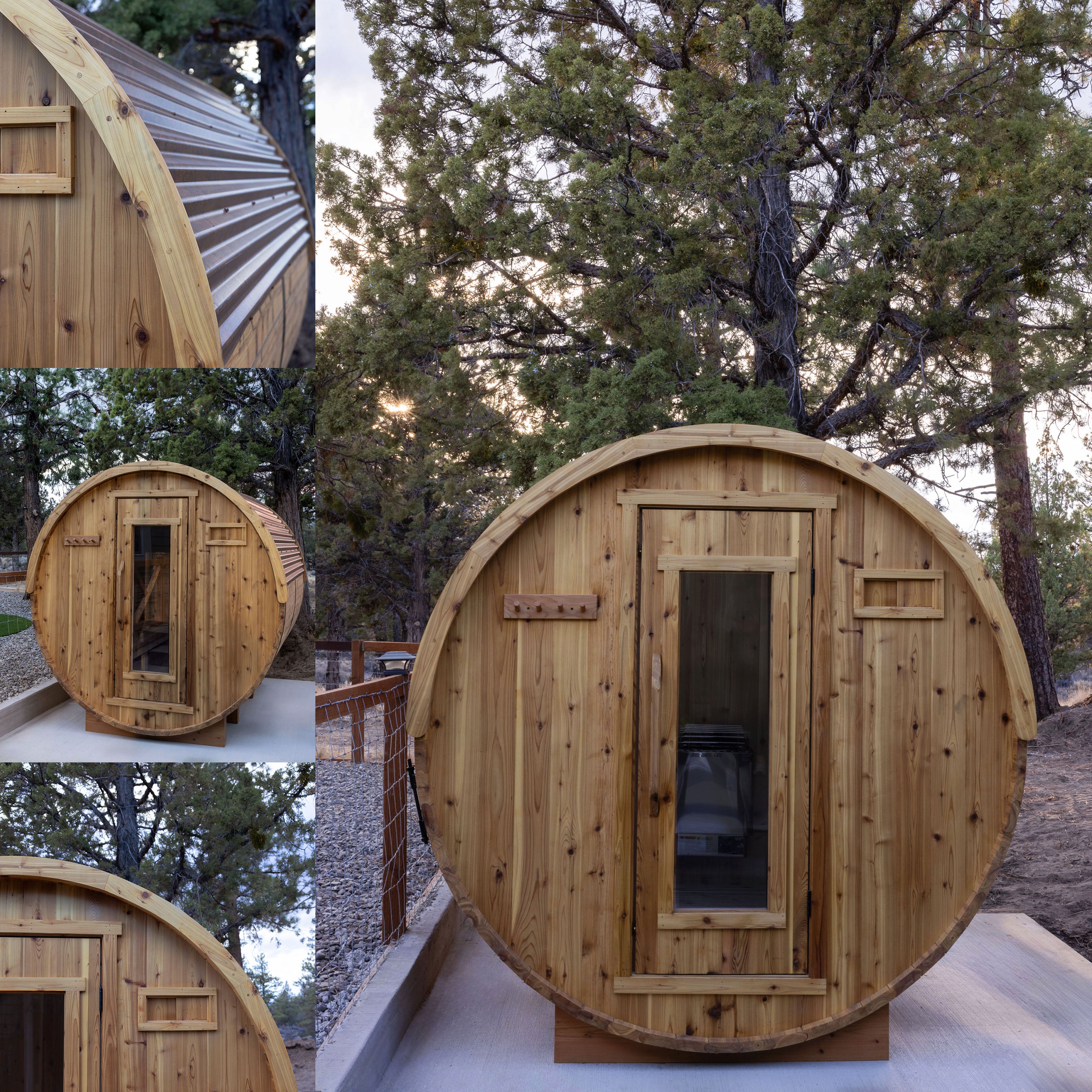 Wooden barrel-shaped sauna in a forest setting