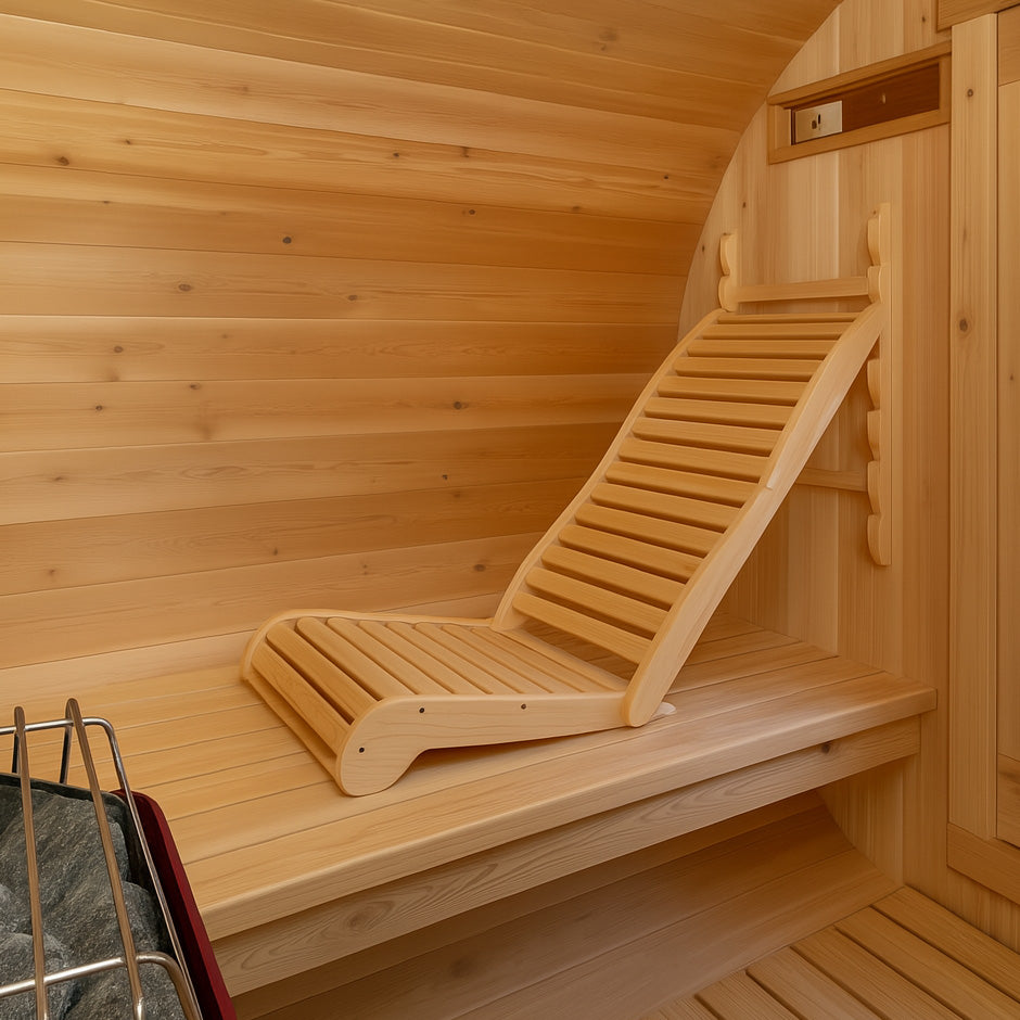 Cedar lounge chair in a wooden sauna
