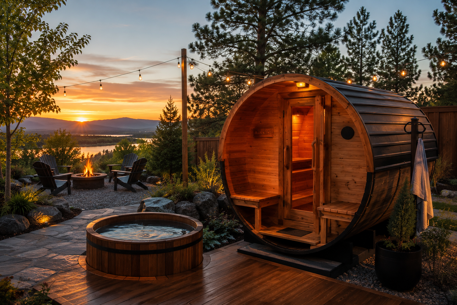 sauna and cold plunge backyard wellness set up