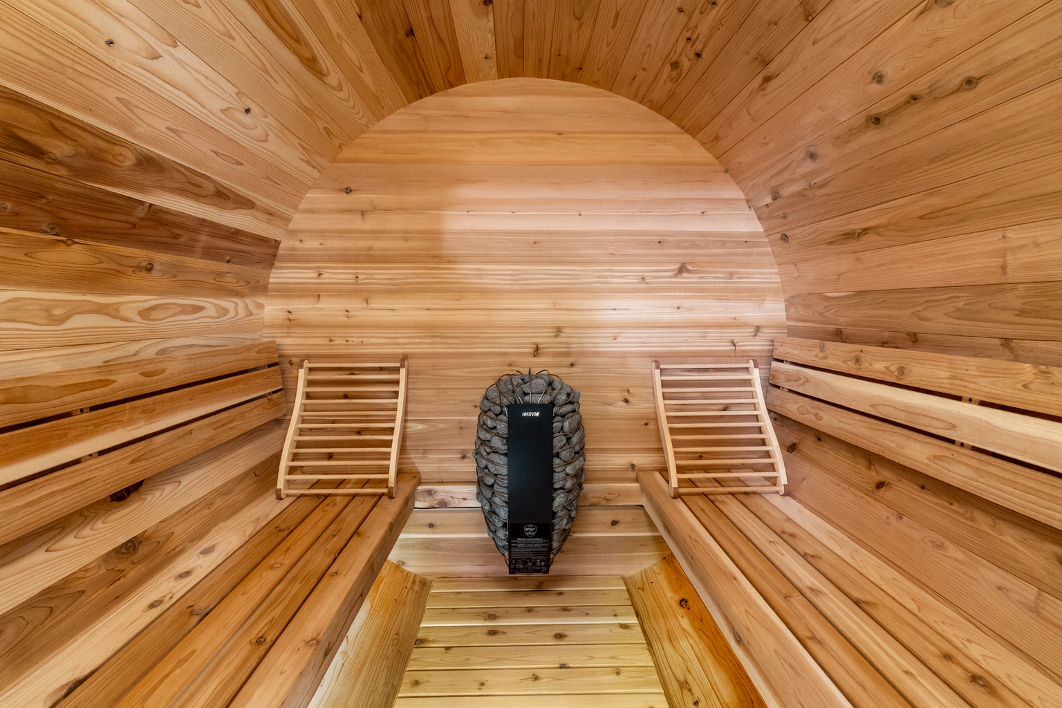 cedar barrel sauna interior with no window