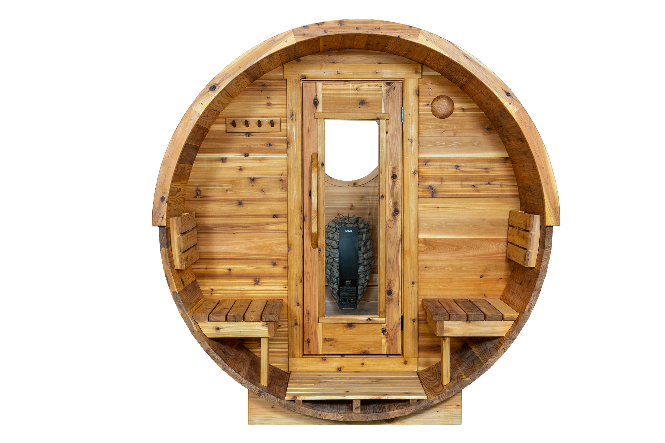 Wooden barrel with a glass panel door and benches outside